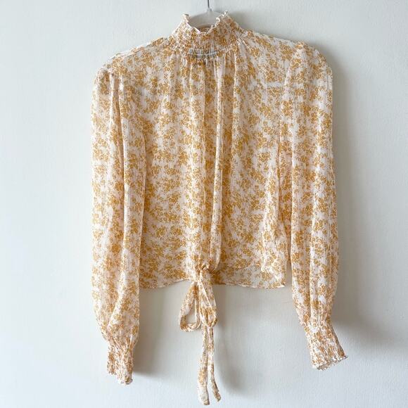 MinkPink High Neck Long Sleeves Floral Blouse Women’s size S Cream Sheer - Picture 1 of 7